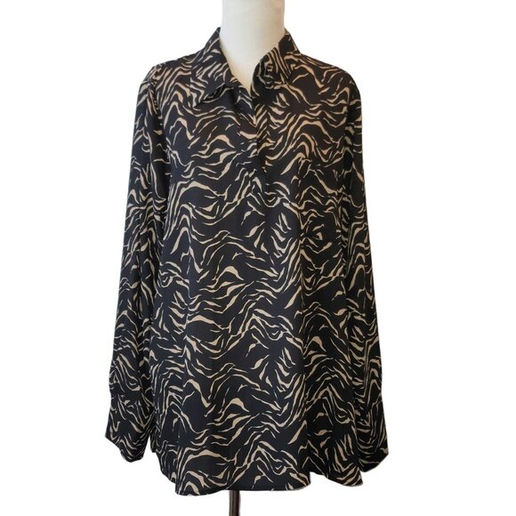 Anthropologie Pleione Blouse Black Camel Zebra Long Sleeve Collared NWT XL - Picture 1 of 10